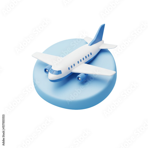 A stylized airplane with blue accents sitting atop a blue circular platform in a simple illustration