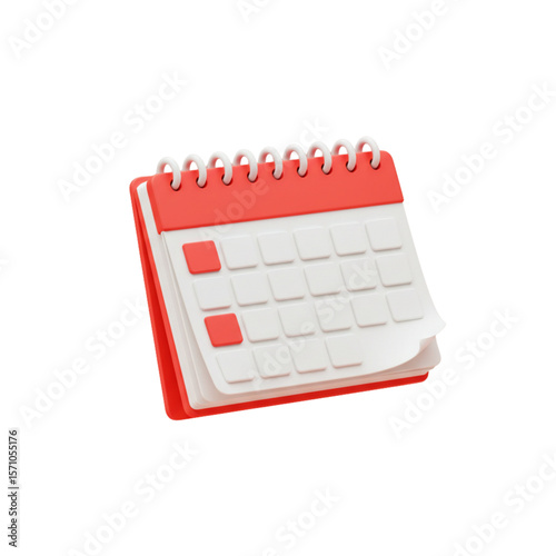A red and white calendar with pages and a spiral binding is displayed on a white background view