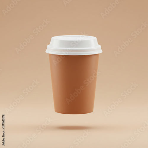 A stylized coffee cup with a white lid on a beige background in a minimalist and modern style art