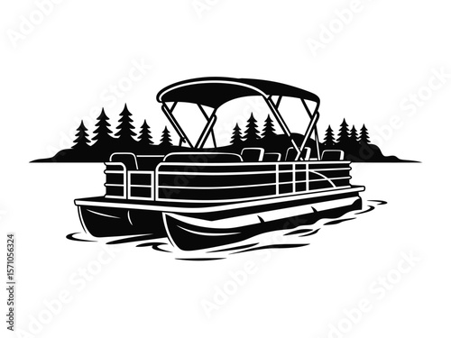 A black and white illustration of a pontoon boat on water