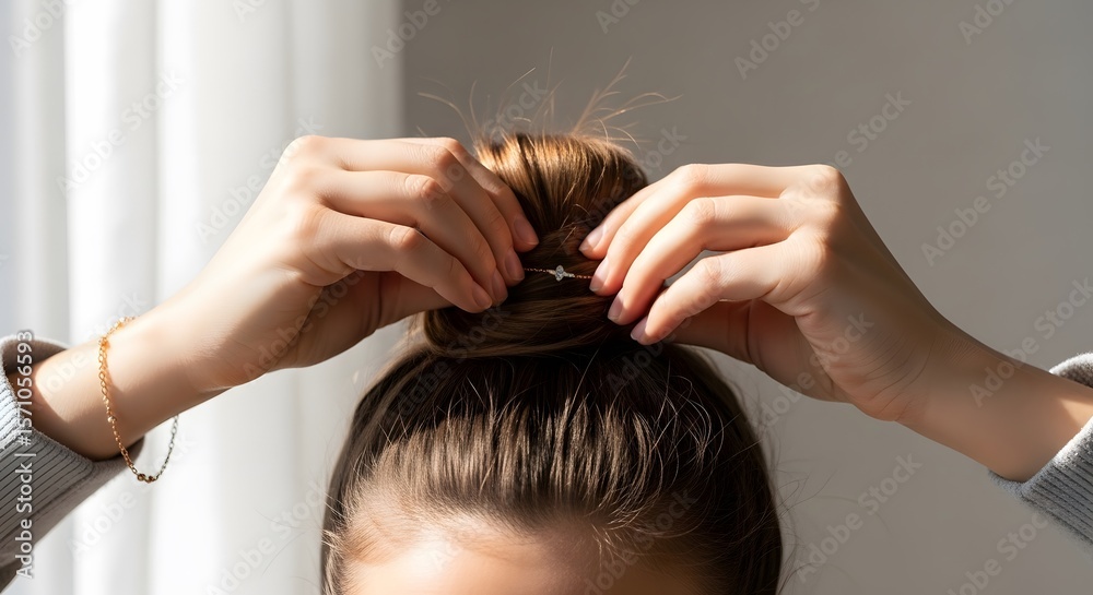 Fototapeta premium Close-up view of a woman arranging her hair into a bun against a simple backdrop. The sunlight illuminates hair strands and the delicate details of the hands.
