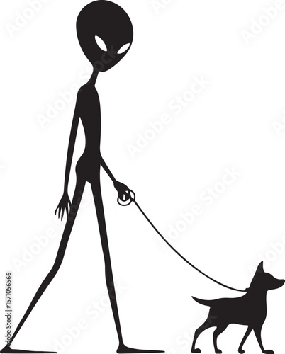 Bigfoot Walking a Dog on a Leash Silhouette Vector Illustration on Transparent Background