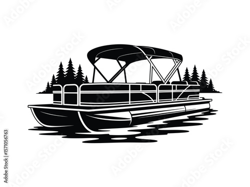 A black and white illustration of a pontoon boat on water