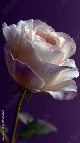 macro photo of a white rose, purple background, high-end studio lighting, vogue style