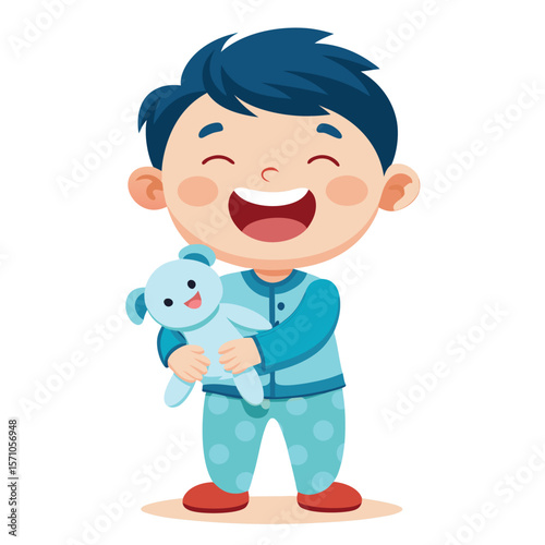 A laughing boy holding a stuffed toy, wearing pajamas, a happy and joyful character on a clean white background, for childhood or family concepts.