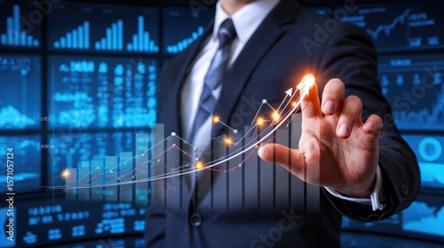 A businessman in a suit gestures towards a rising graph on a digital screen. The scene represents financial growth and investment strategies.