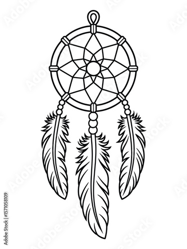 A black and white line art illustration of a dreamcatcher with a circular web pattern in the center
