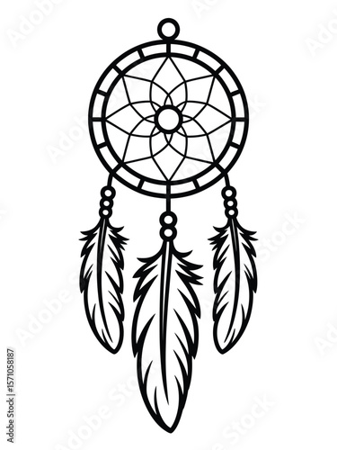 A black and white line art illustration of a dreamcatcher with a circular web pattern in the center