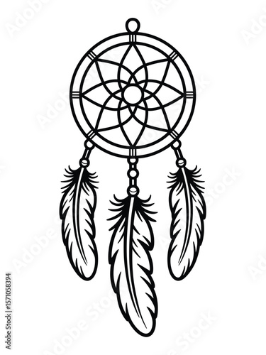 A black and white line art illustration of a dreamcatcher with a circular web pattern in the center