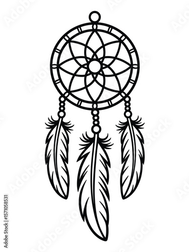 A black and white line art illustration of a dreamcatcher with a circular web pattern in the center