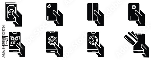 Black Silhouette Icons of Digital Payment – Hand Holding Smartphone, Cash, and Card Set

