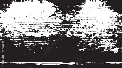 Black and white image of a brick wall with heavy contrast and a tiled floor in the foreground