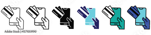 Mobile Payment Icon Set – Hand Holding Smartphone and Credit Card in Various Styles