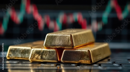 gold bars stacked on a trading platform with fluctuating market graphs in the background