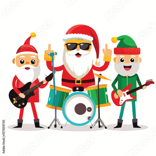 Cartoon Santa Claus with red hat and beard delivering Christmas holiday gifts by a festive tree