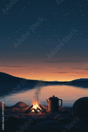 Wallpaper Mural A minimalist shot of a campfire surrounded by smooth stones, with a pot of coffee brewing over the flames. Torontodigital.ca
