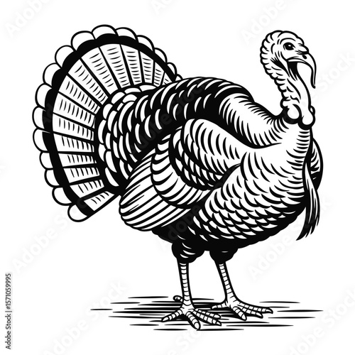 A black and white line drawing of a standing turkey in a traditional woodcut style