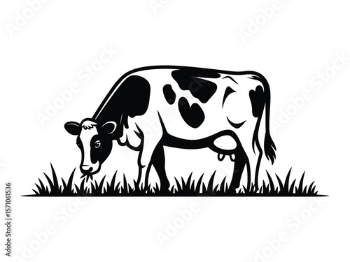 A black and white minimalist illustration of a Holstein dairy cow grazing in tall grass