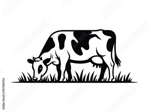 A black and white minimalist illustration of a Holstein dairy cow grazing in tall grass