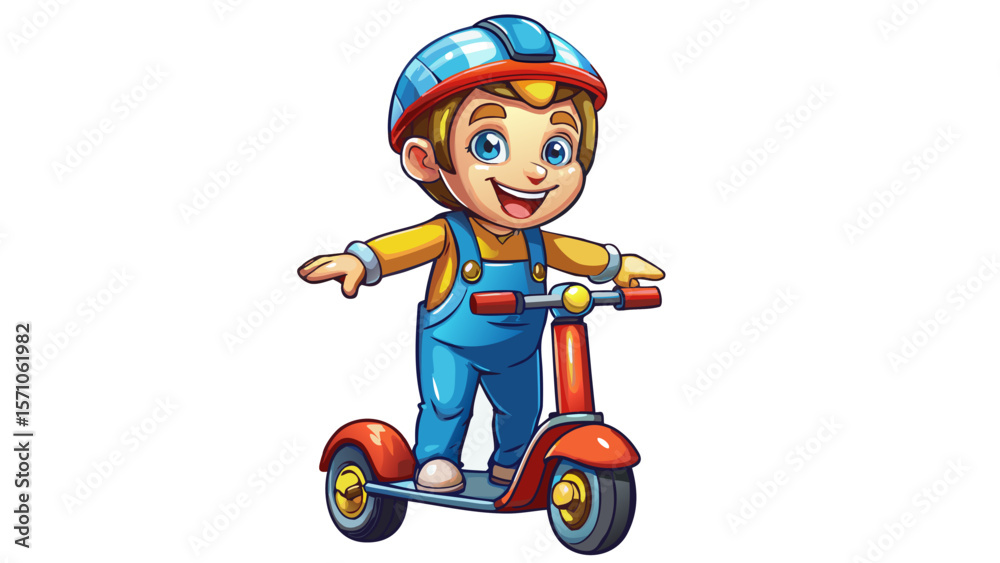 A happy boy character in overalls rides a colorful scooter, arms stretched for balance. His 3D figure casts a gentle shadow, and his helmet gleams under soft gradient lighting. The movement in his pos