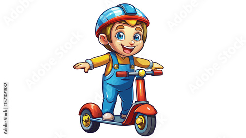 A happy boy character in overalls rides a colorful scooter, arms stretched for balance. His 3D figure casts a gentle shadow, and his helmet gleams under soft gradient lighting. The movement in his pos