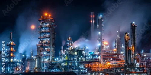 Wallpaper Mural Oil Refinery at Night with Glowing Lights and Emissions Torontodigital.ca