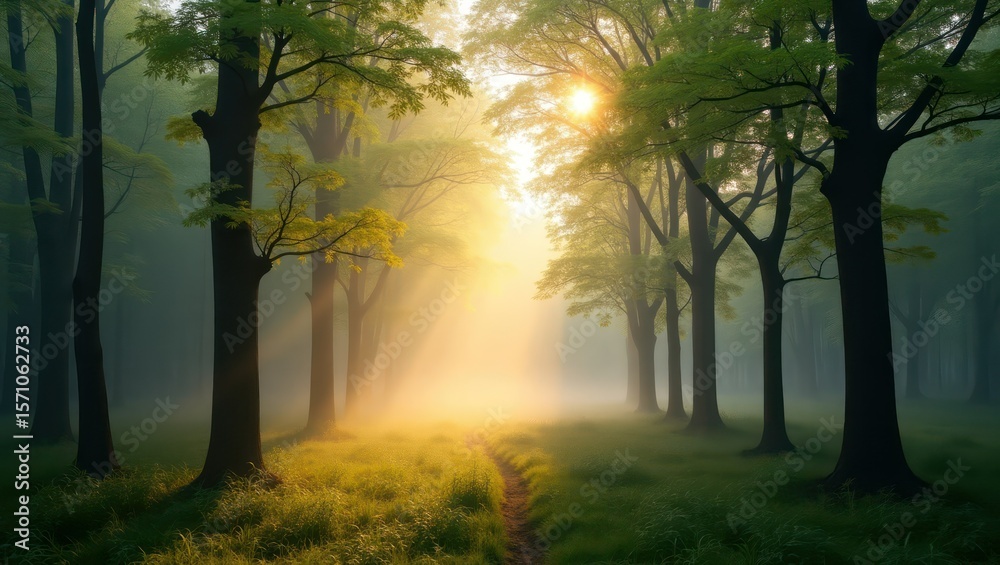 Naklejka premium Serenity in the Forest Morning Mist