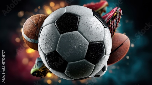 mix of all sports elements with vibrant background soccer ball centre