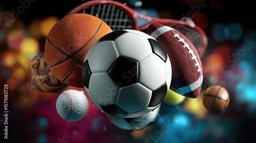 mix of all sports elements with vibrant background soccer ball centre