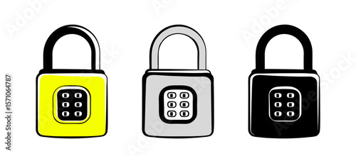 Digital combination padlock icon in colorful and monochrome designs, storage and safeguarding symbol	
