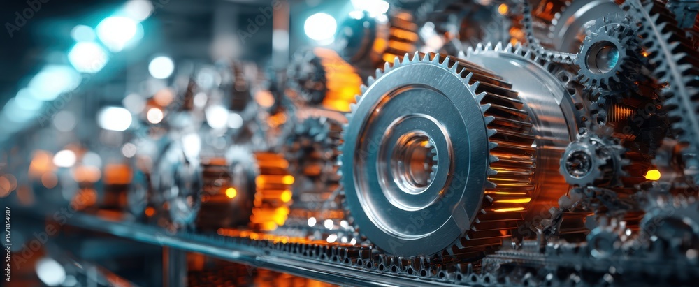 Fototapeta premium The intricate design of metallic gears with a vibrant industrial backdrop.