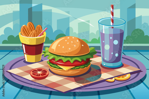 vector of Lunch with hamburger and cheese, which is poured on the dining table with a glass base, where you drink a cold drink next to the hamburger...