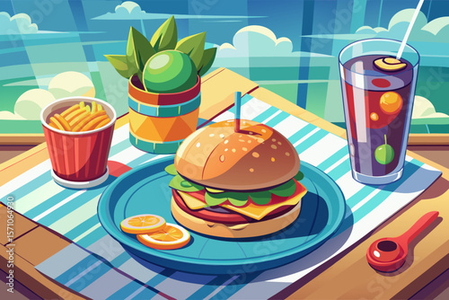 vector of Lunch with hamburger and cheese, which is poured on the dining table with a glass base, where you drink a cold drink next to the hamburger...