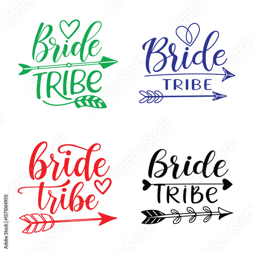 Colorful “Bride Tribe” Typography Designs with Arrows, Hearts, and Whimsical Fonts for Bachelorette Parties.