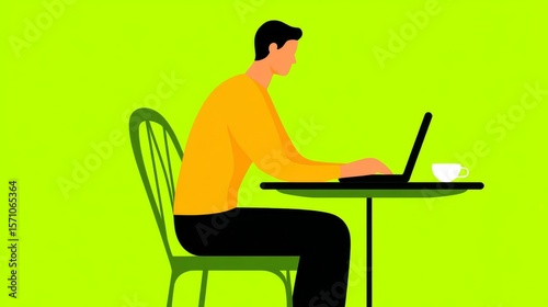 Remote Worker Using Laptop in a Coffee Shop with Vibrant Green Background