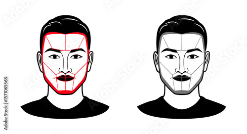 Face recognition scanner icon showing facial structure and analysis in colorful and monochrome designs