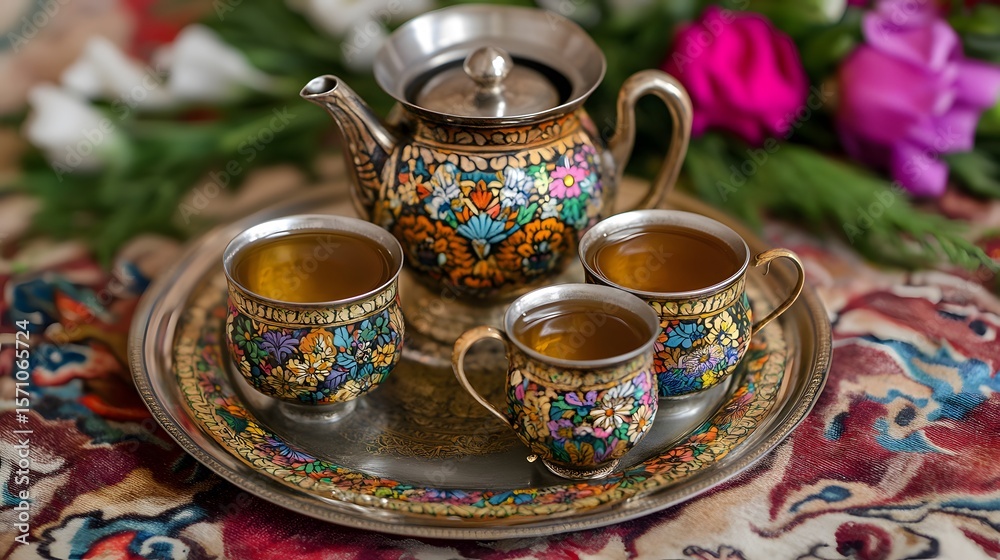 Fototapeta premium Decorative tea set with floral designs on a metal tray.