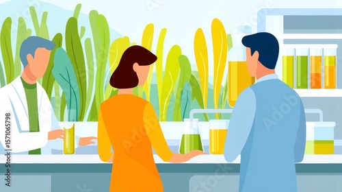 Scientists Analyzing Samples in a Bright Laboratory Surrounded by Vibrant Green Plants