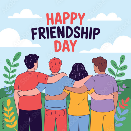 Happy friendship day celebration vector illustration of friends embracing each other outdoor
