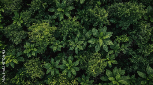 Overhead view of lush green foliage showcasing diverse plant varieties in a dense forest environment nature concept