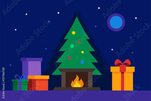 Christmas Night Room With Fir Tree Wrapped Gifts