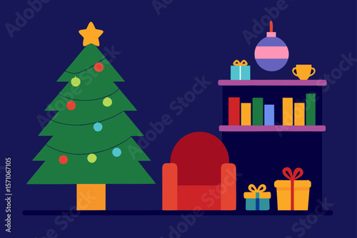 Christmas Illustration With Decorated Shelf Christmas Items