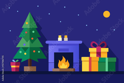 Christmas Night Room With Fir Tree Wrapped Gifts