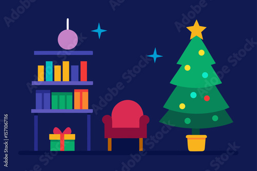 Christmas Illustration With Decorated Shelf Christmas Items