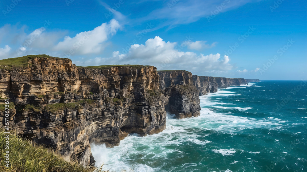 Obraz premium Scenic coastal landscape featuring dramatic cliffs weathered by the sea under a bright blue sky with scattered clouds during daytime