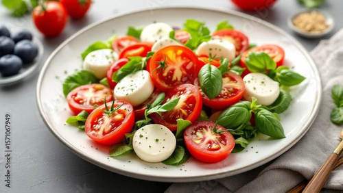 Fresh caprese with tomatoes, mozzarella cheese and basil. 
