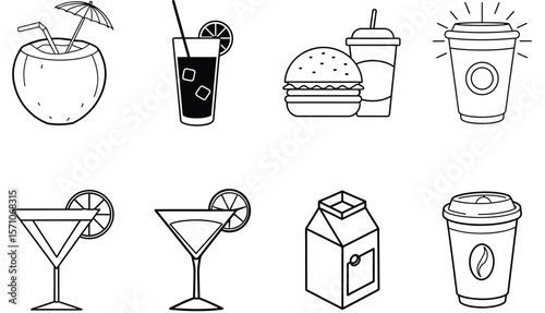 Tropical coconut drink cocktail glass burger coffee cup carton umbrella straw