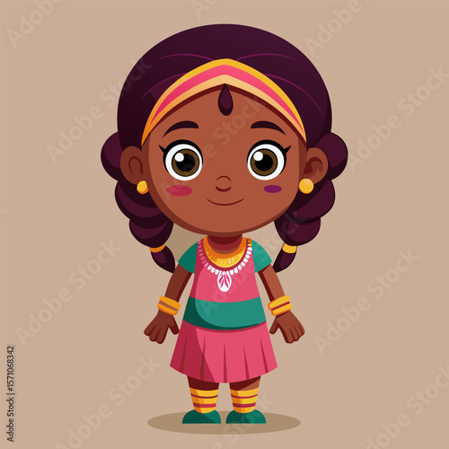 Adorable Cartoon Indian Girl in Traditional Clothing