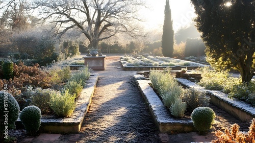 A winter garden scene with frost-covered plants.