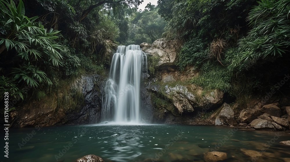 Fototapeta premium Serene waterfall cascading into tranquil pool amidst lush greenery in a forest setting with rocks and nature's beauty